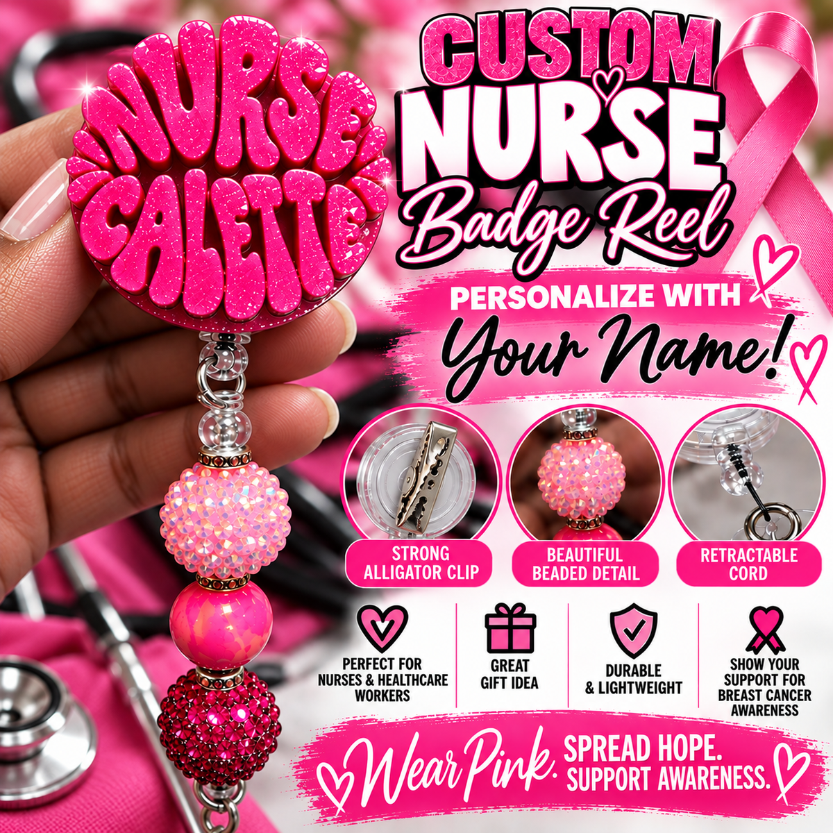 Custom Pink Nurse Badge Reel - Personalized Nurse Gift