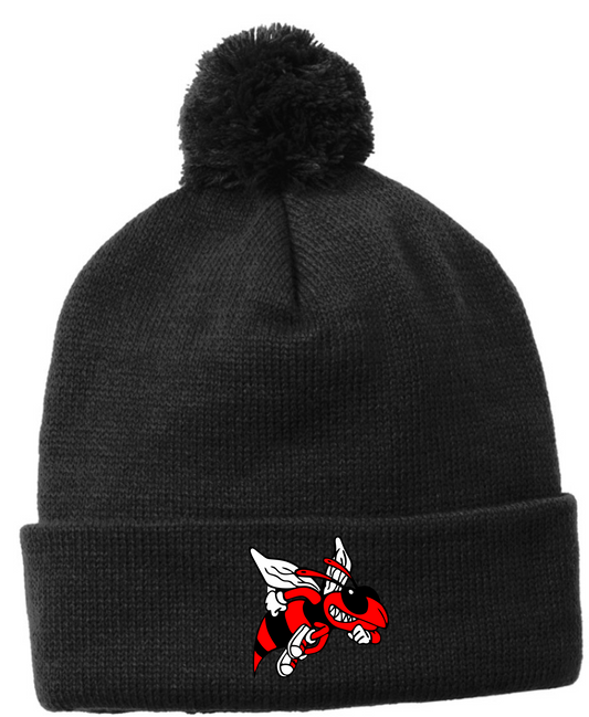 Black Pom Pom hat with Hornet